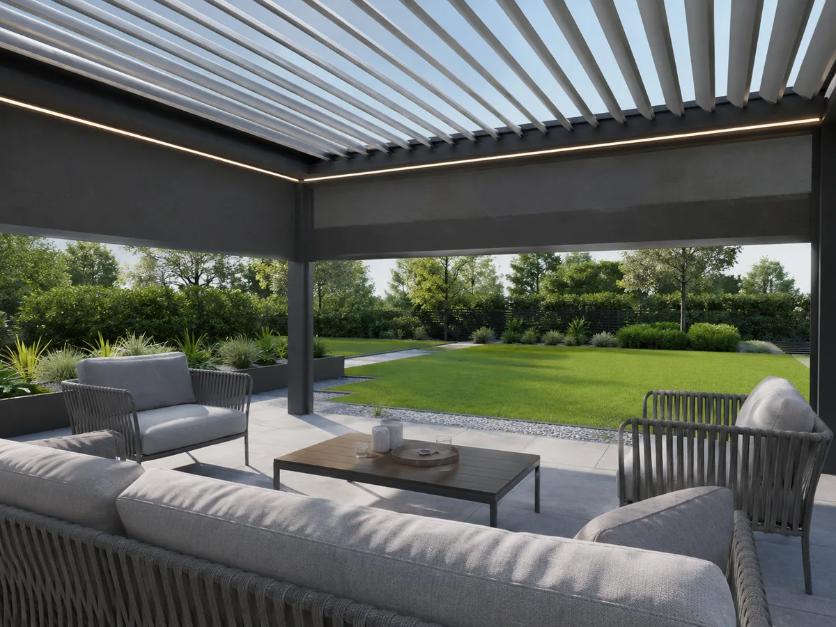 Pergola with integrated ZIP screen and LED accessories