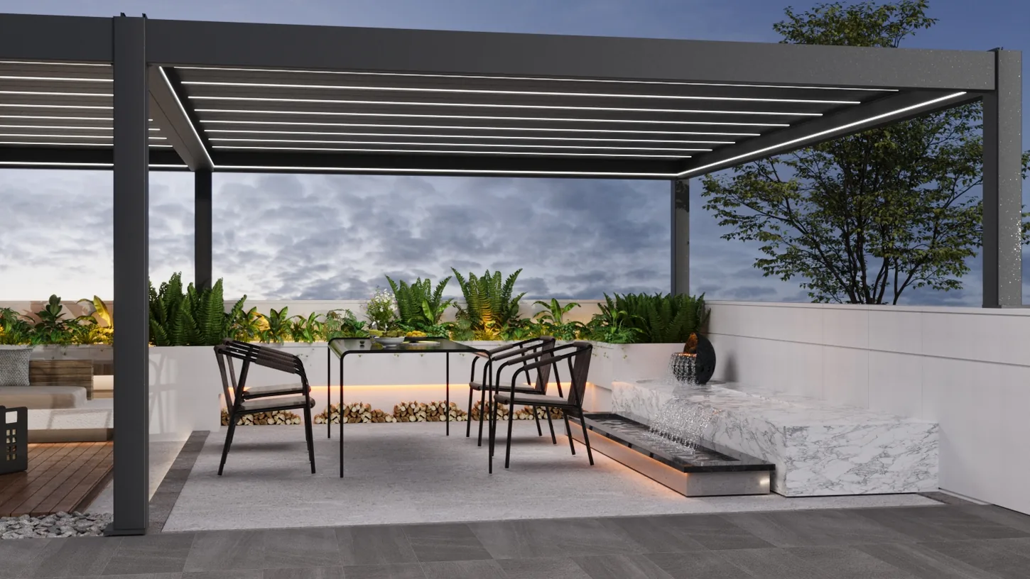 Motorized pergola with integrated LED lighting and electrical controls