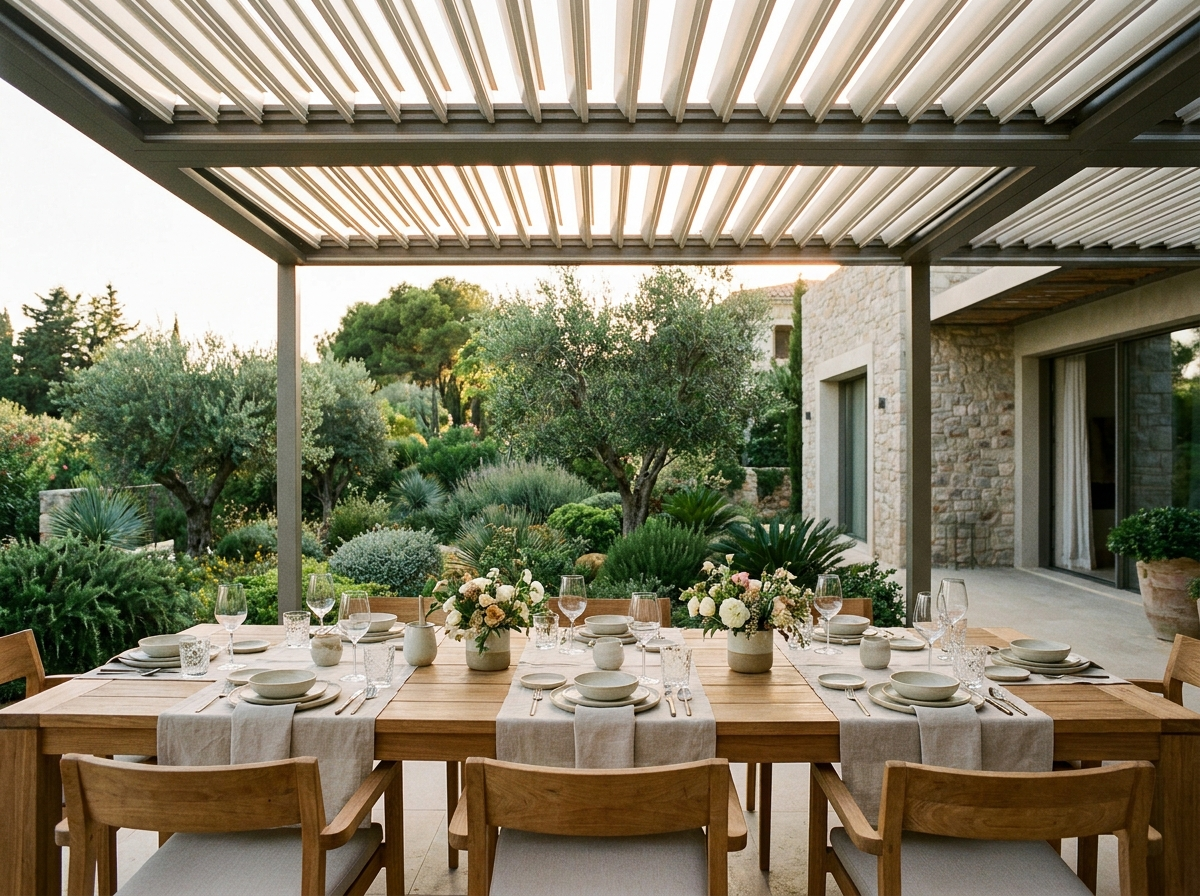 Motorized pergola covering a villa terrace outdoor dining area