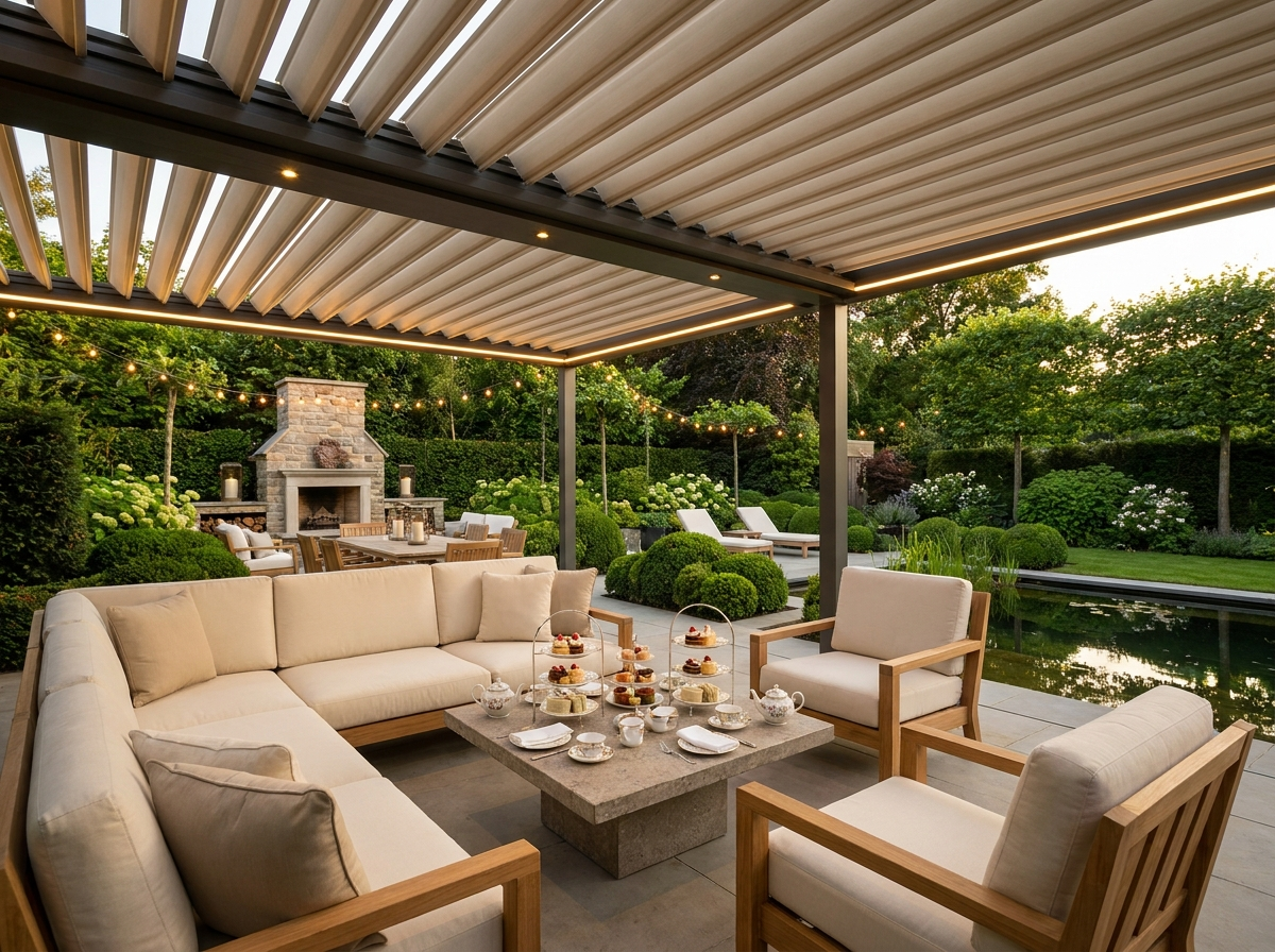 Custom louvered pergola for garden outdoor lounge seating