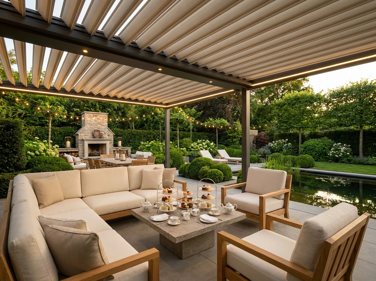 Custom louvered pergola for garden outdoor lounge seating
