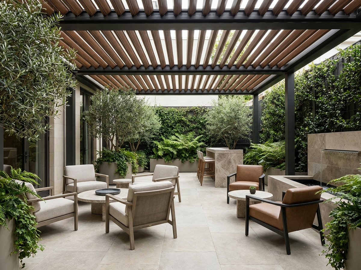 Private courtyard reception seating under a residential pergola system