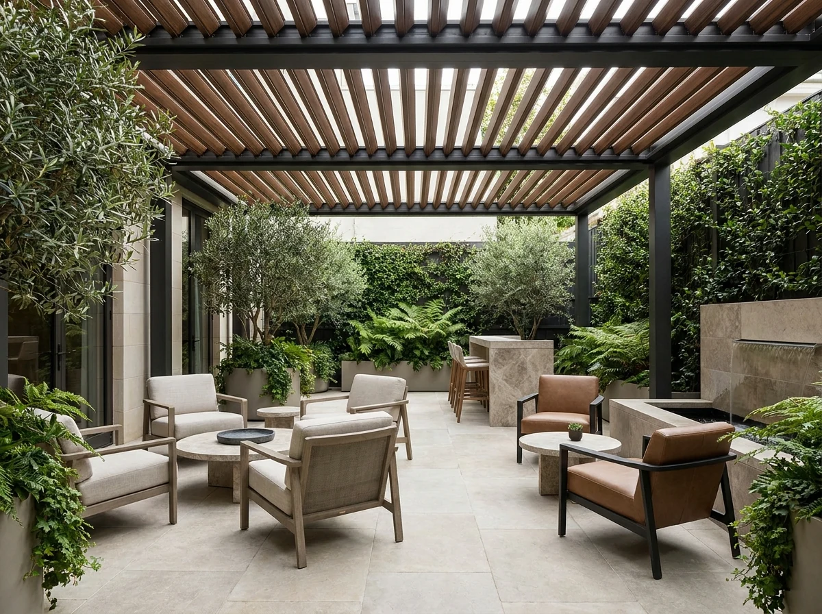 Private courtyard reception seating under a residential pergola system