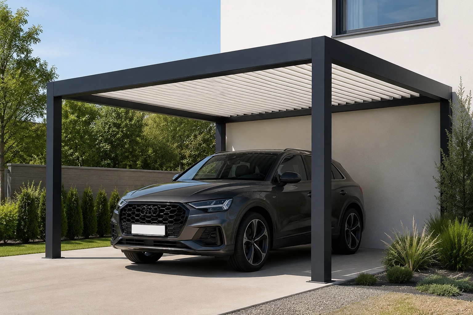Modern private parking area with aluminum pergola style cover