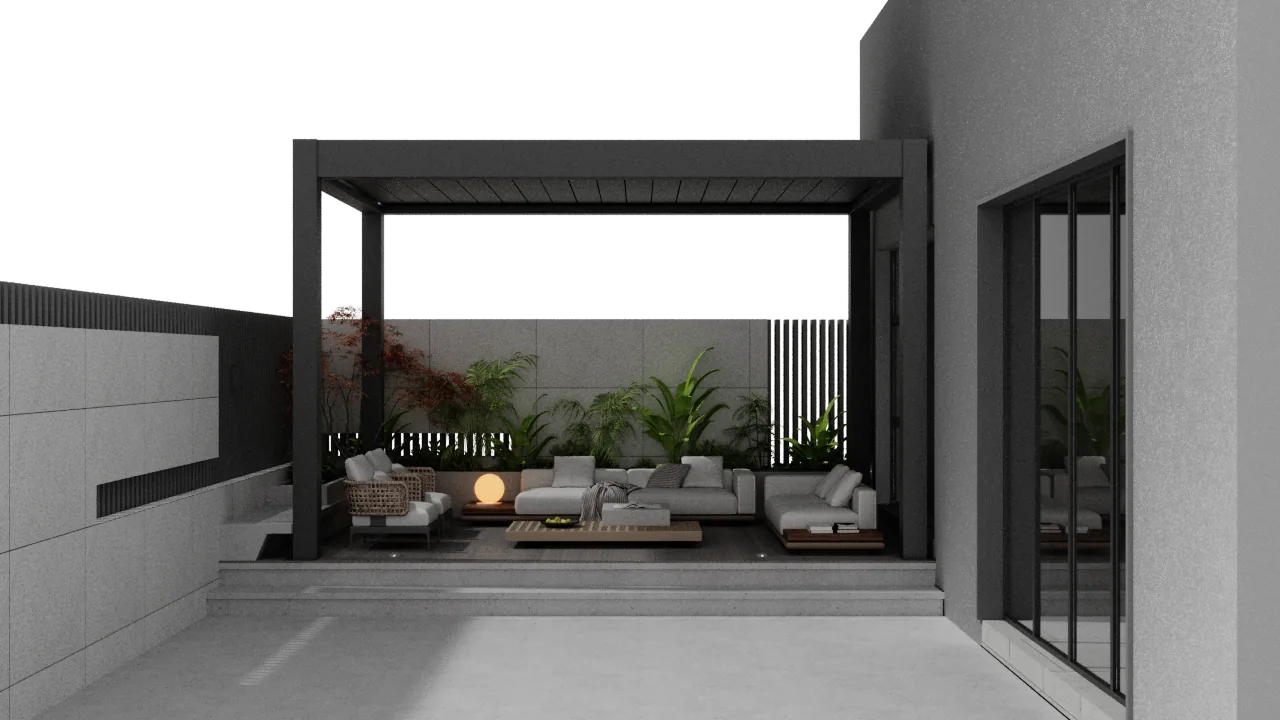 Wall-attached louvered pergola requiring site preparation