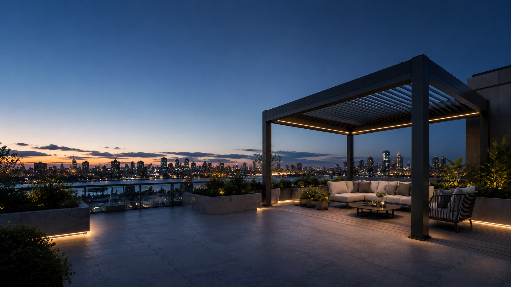 Motorized pergola on a rooftop terrace at twilight