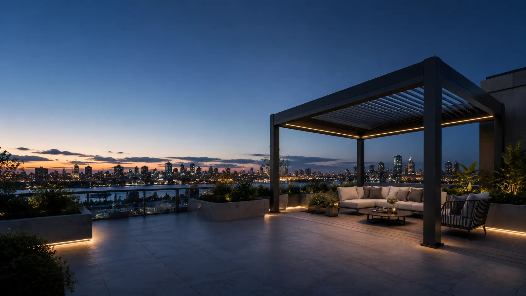 Motorized pergola on a rooftop terrace at twilight