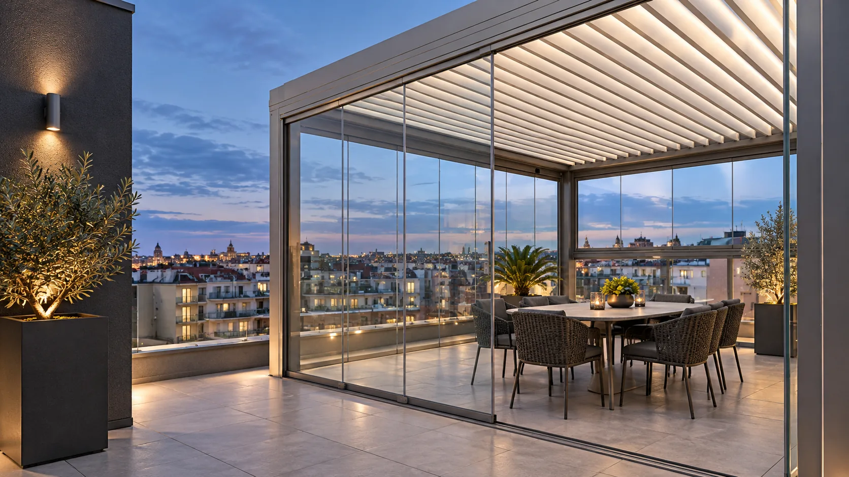 Concept visualization of a louvered pergola with sliding glass doors