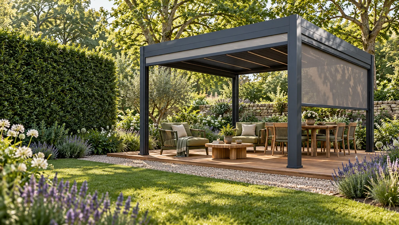 Concept visualization of a louvered pergola with ZIP side screens