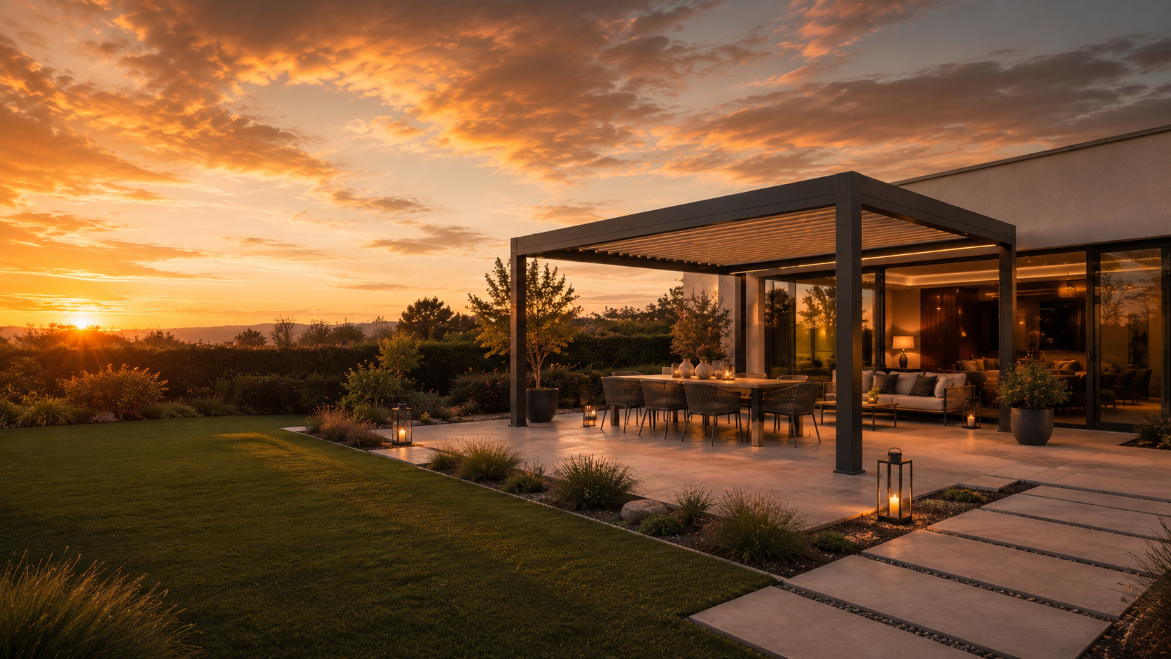 Motorized pergola covering a patio during golden hour