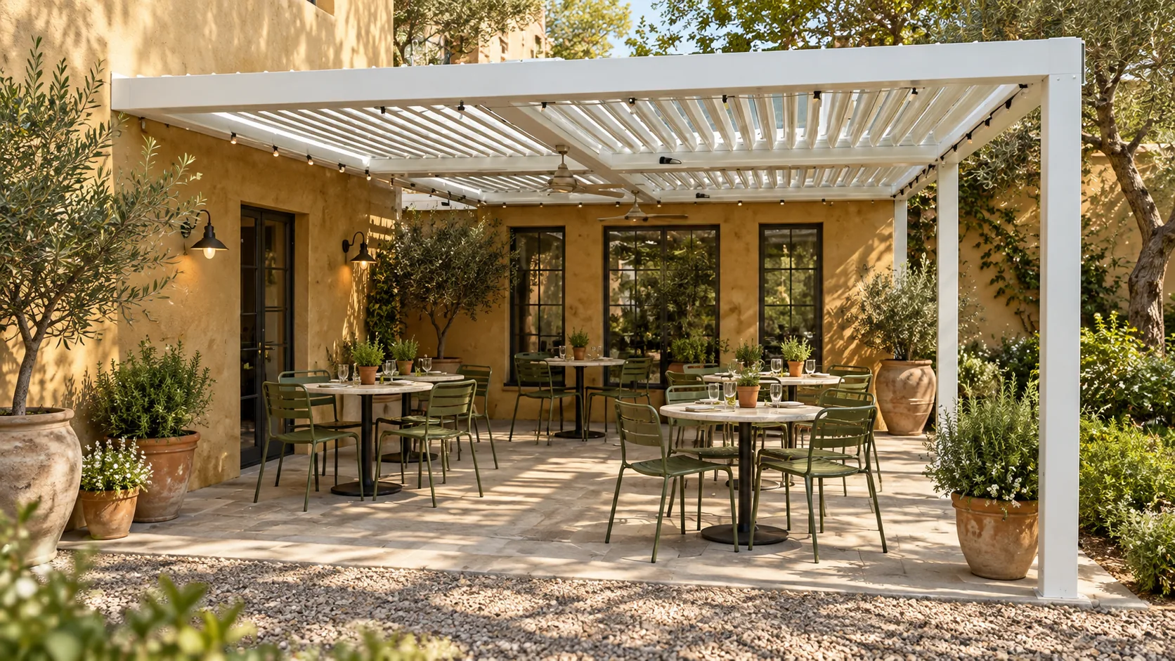 Illustrative louvered pergola over an outdoor dining area