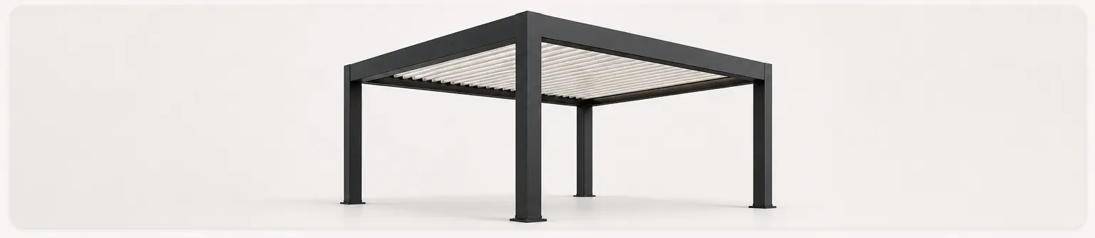Motorized aluminum pergola structure with roof system and integrated drainage planning