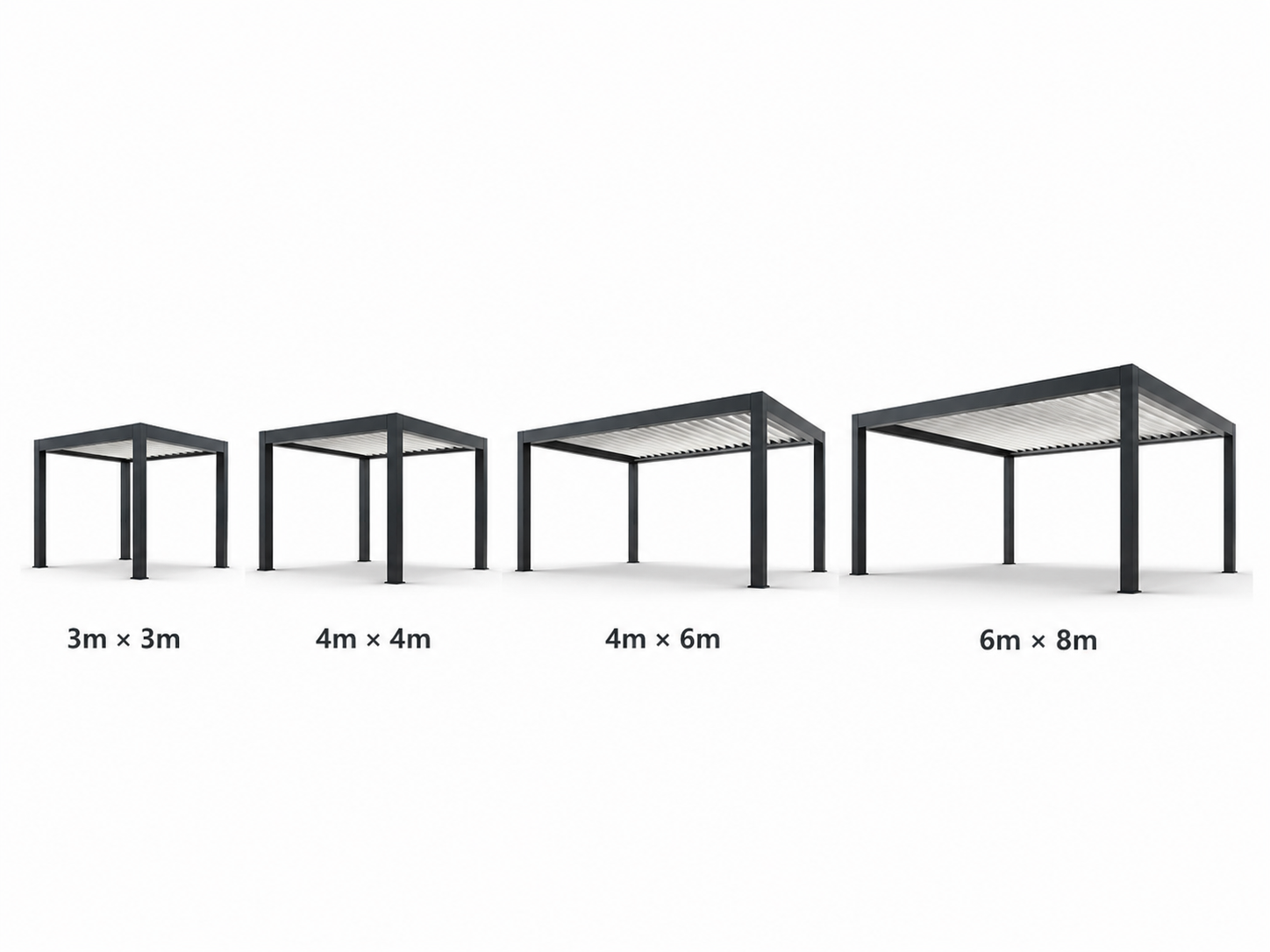 Pergola size options chart with standard and custom dimensions