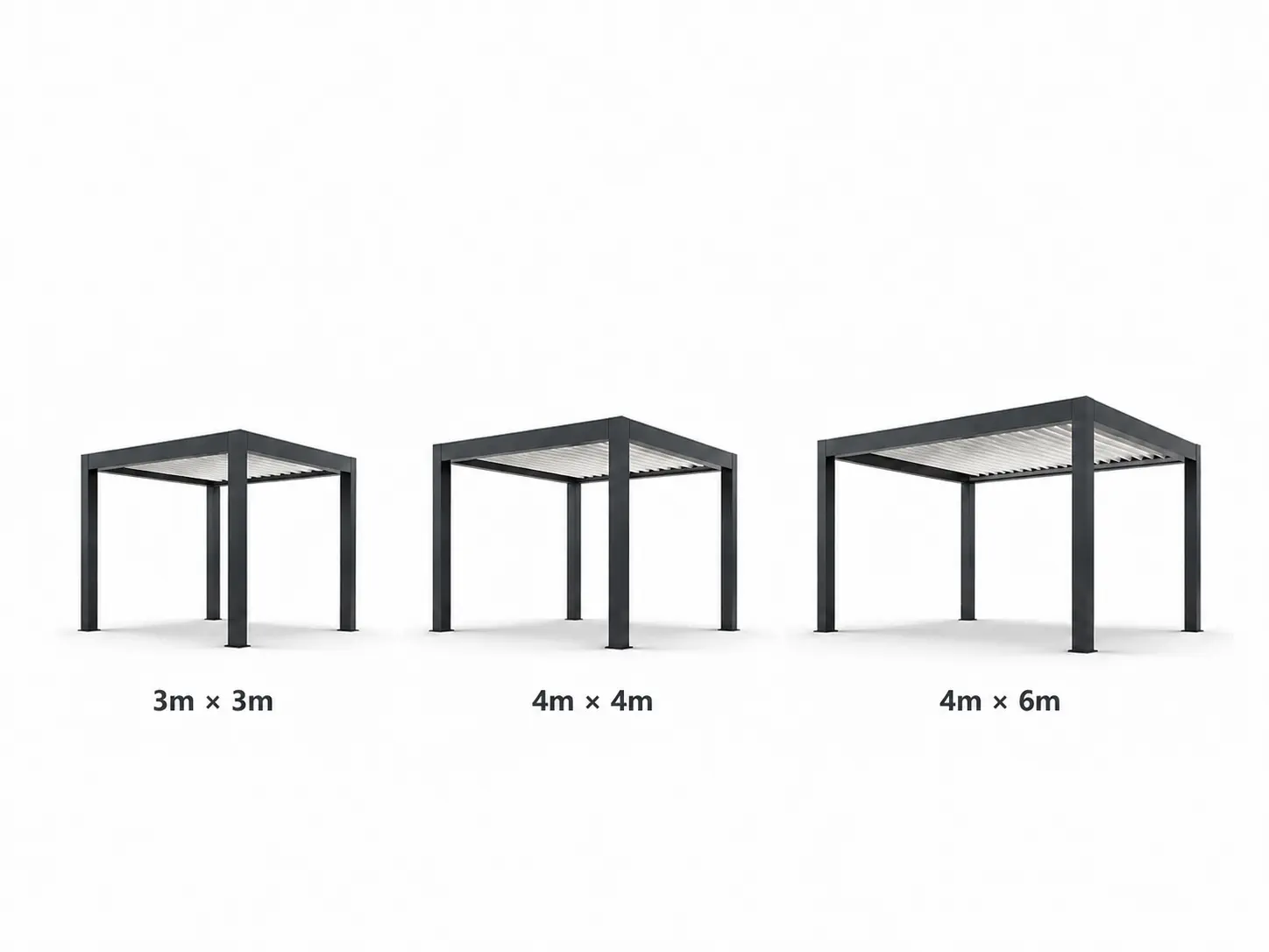 Aluminum pergola size chart showing standard and custom dimension options
