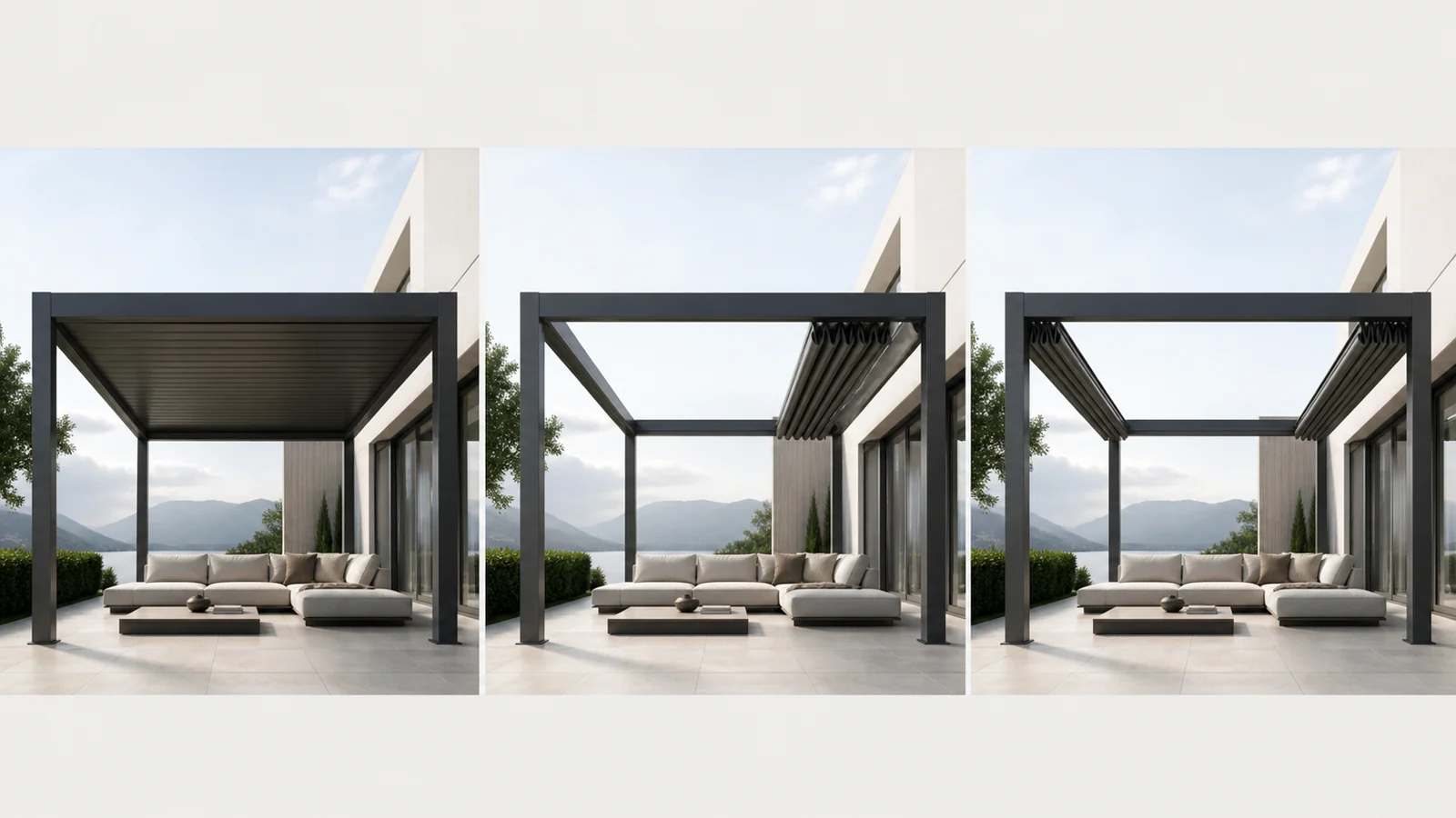 Single-side and double-side motorized retractable louvered pergola roof