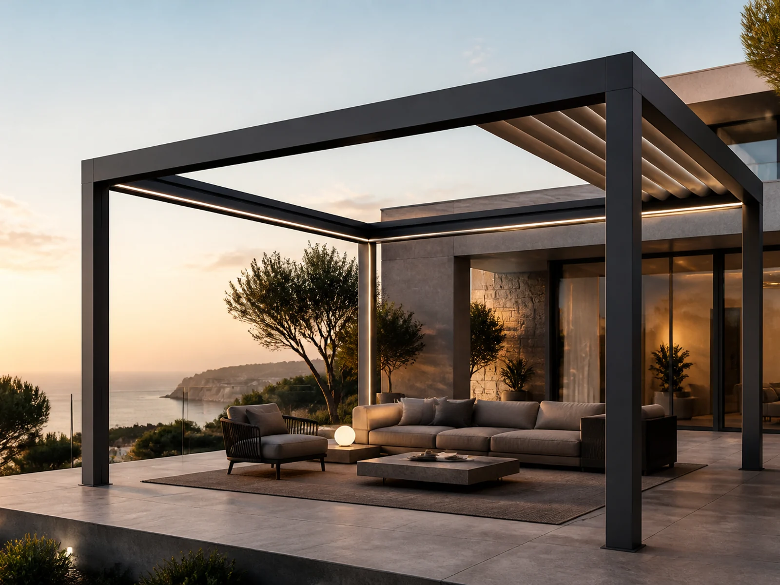 Retractable folding pergola configurations and full roof structure