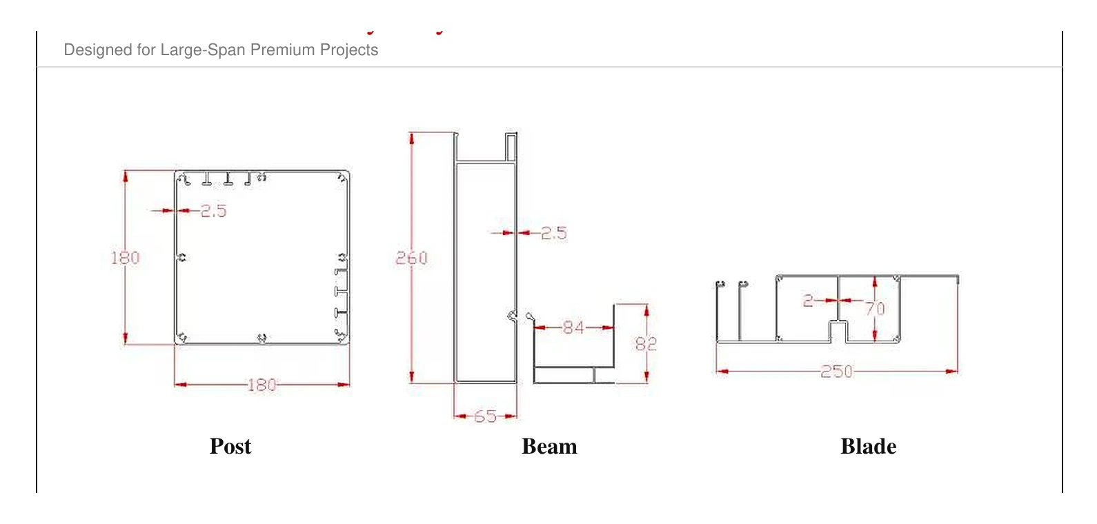 JY250-B 180mm post, 260mm beam and 250mm blade profile drawing