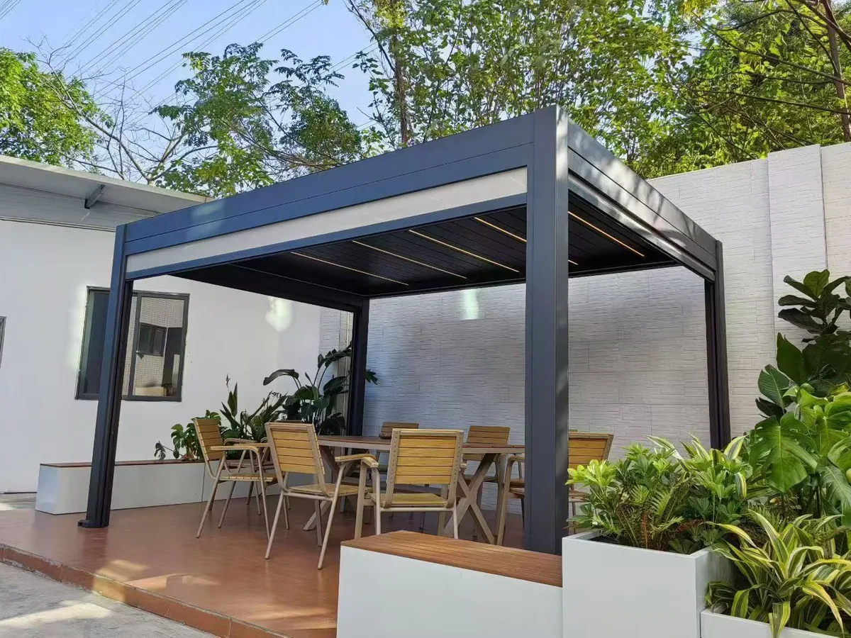 Motorized louvered pergola during project installation
