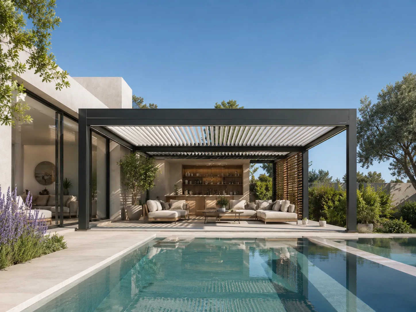 Motorized pergola for backyard patios and poolside outdoor living