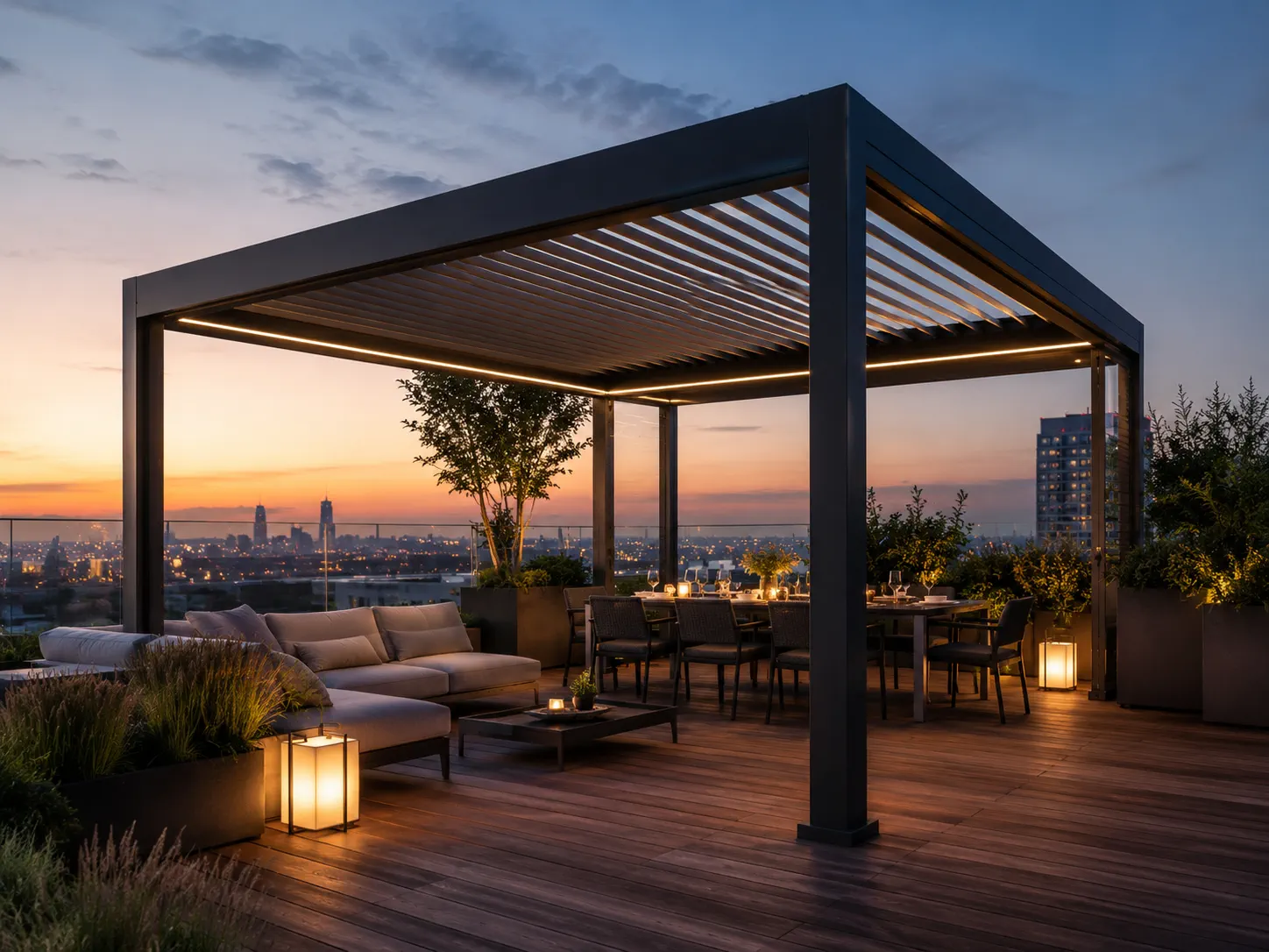 Motorized pergola for rooftop terraces and urban outdoor seating projects