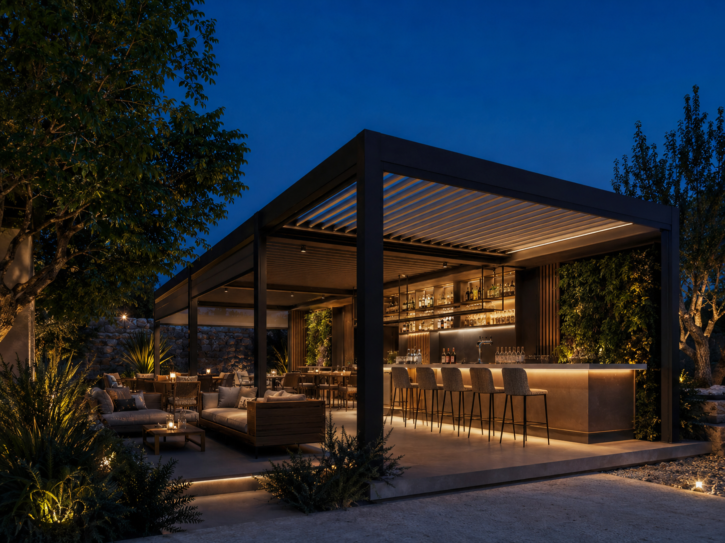 Outdoor bar and lounge area covered by a pergola