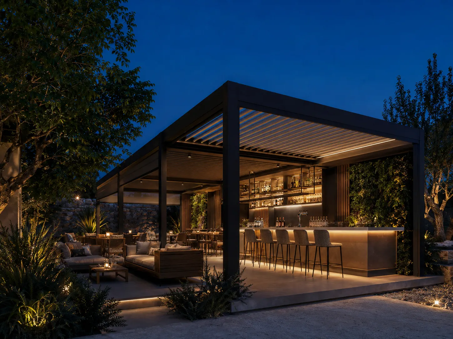 Motorized pergola for hotels resorts and commercial outdoor seating