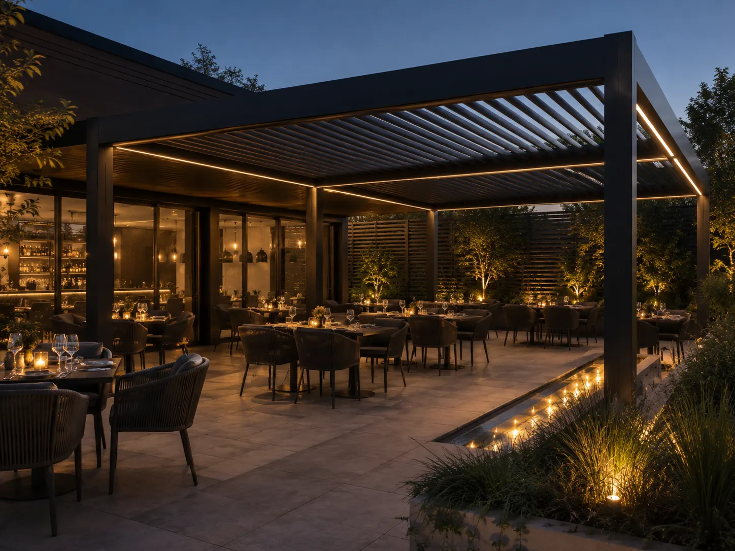Motorized pergola for restaurants cafes and outdoor dining terraces