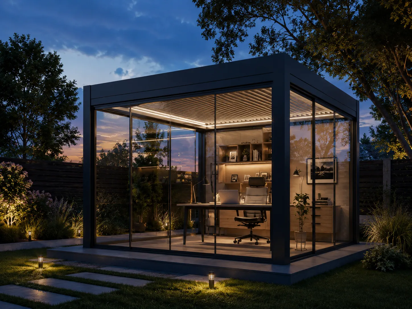 Motorized pergola for outdoor workspaces and flexible seating zones